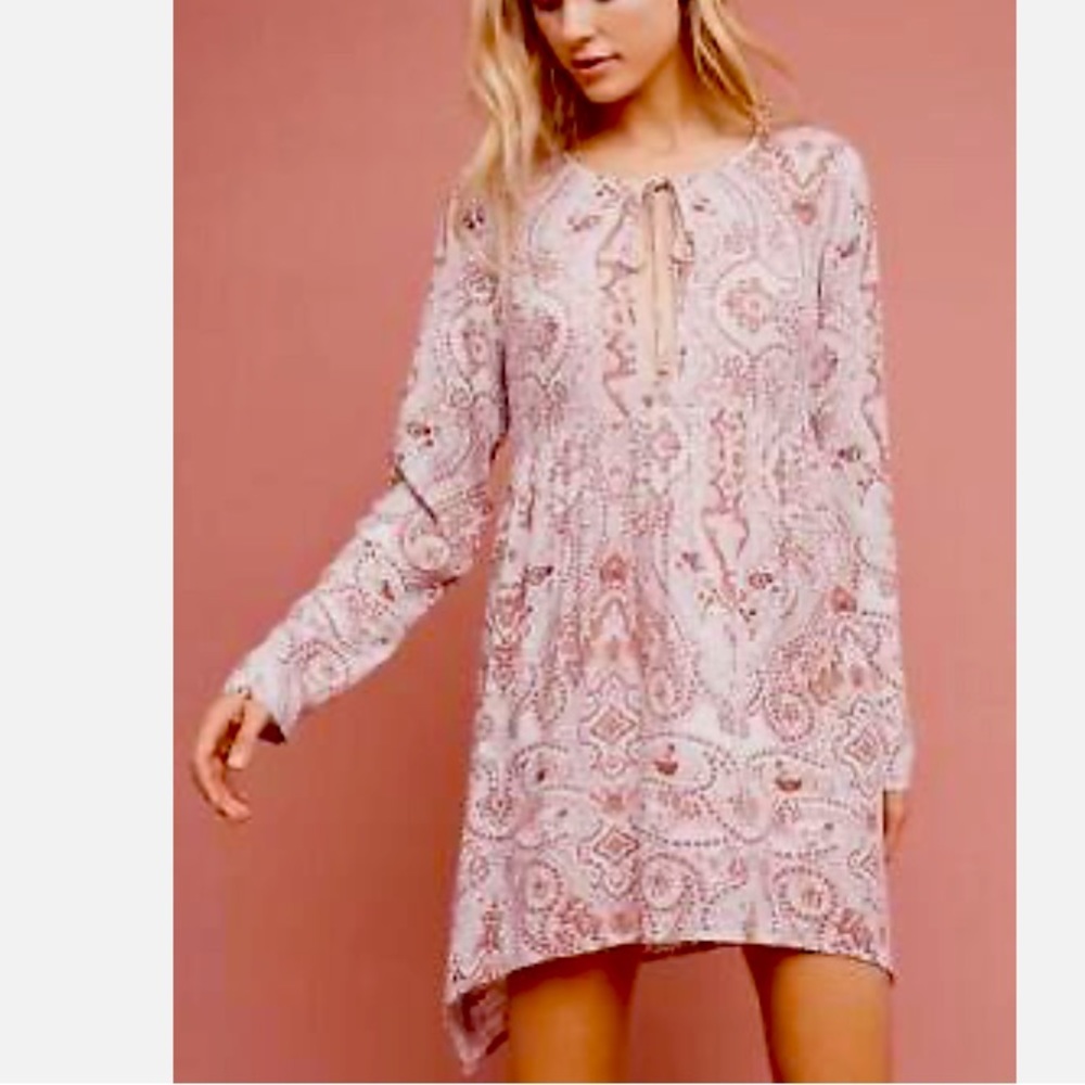 Anthropologie tunic peasant dress paisley mauve cream pink brown